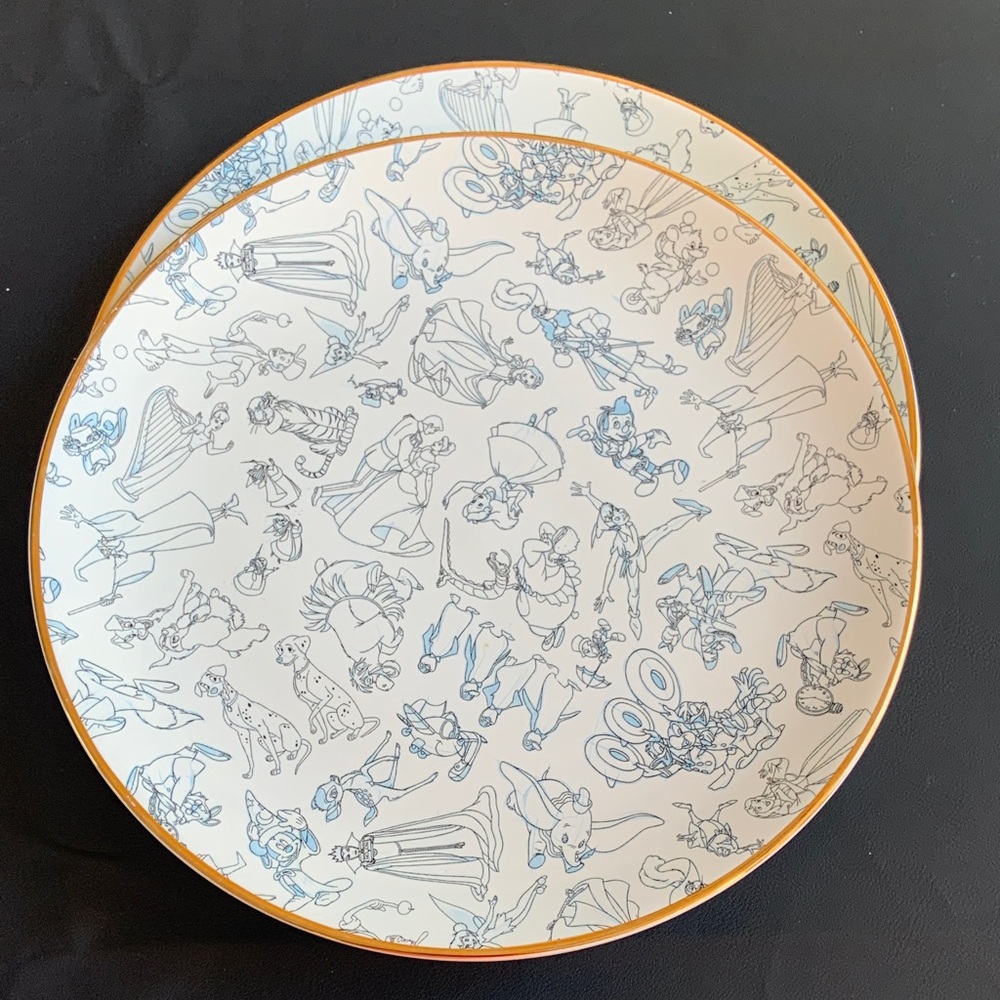 Disney Ink & Paint Blue White Character Sketch Plates Gold Rim Set of 2